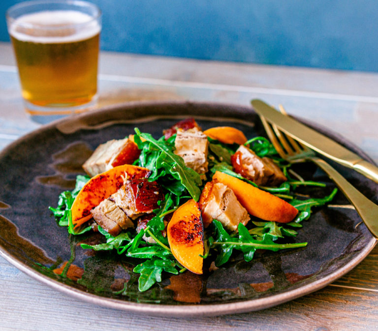 Pork belly and peach salad