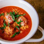 Roasted Tomato and Basil Soup with Turkey Meatballs