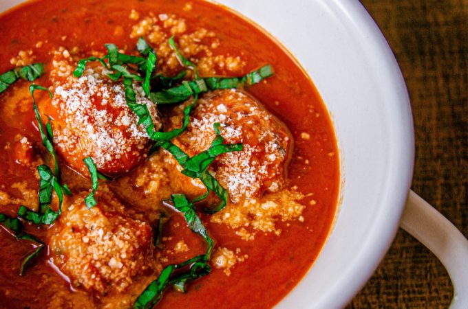 Roasted Tomato and Basil Soup with Turkey Meatballs