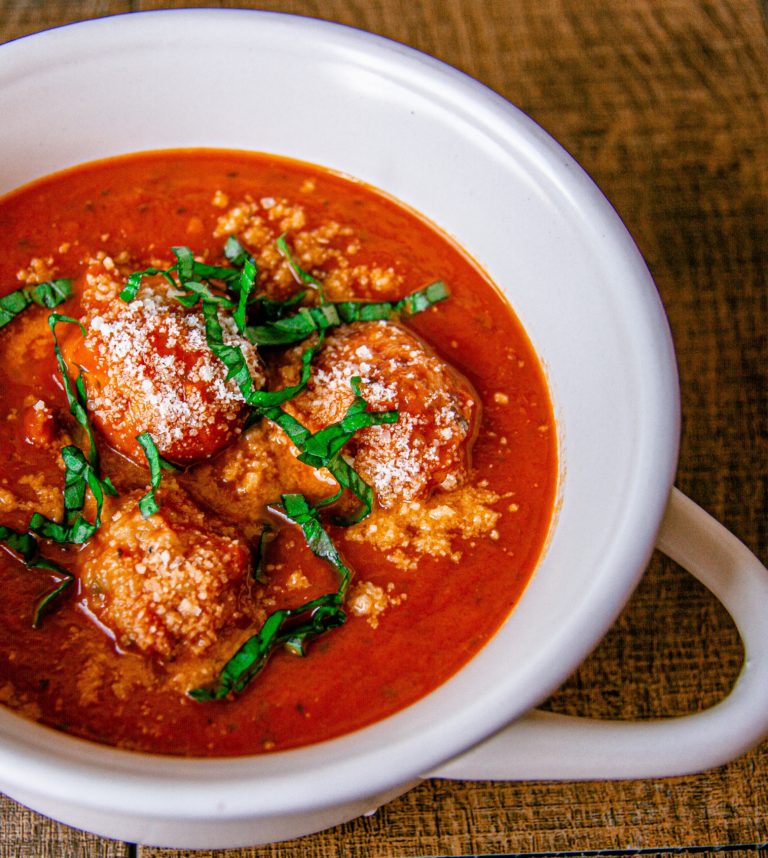 Roasted Tomato and Basil Soup with Turkey Meatballs